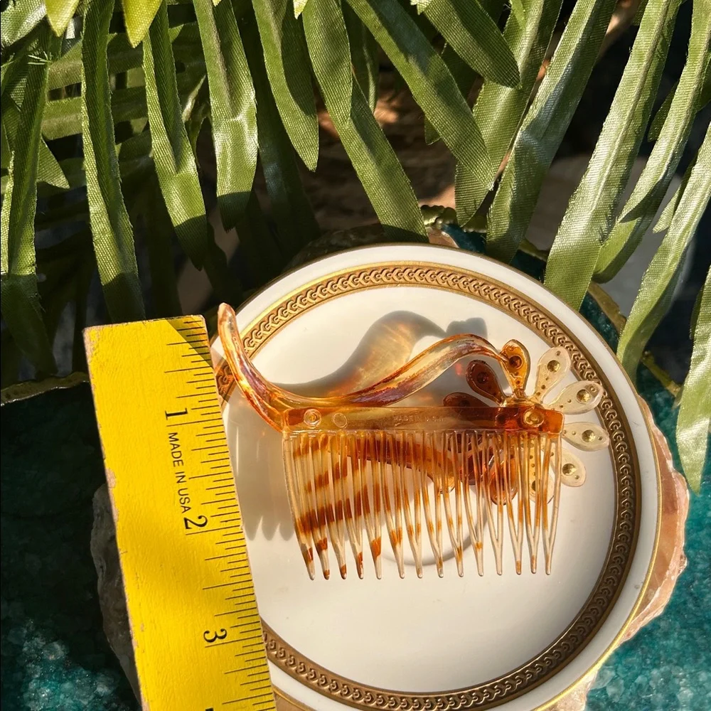 Vintage Tortoiseshell Celluloid Hair Comb w Flower & Rhinestones